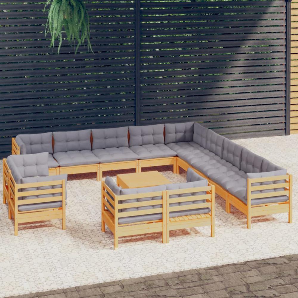 14 Piece Patio Lounge Set with Gray Cushions Solid Pinewood. Picture 9