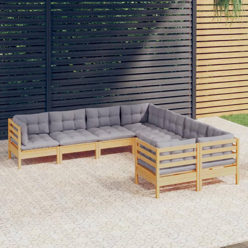 8 Piece Patio Lounge Set with Gray Cushions Solid Pinewood. Picture 7