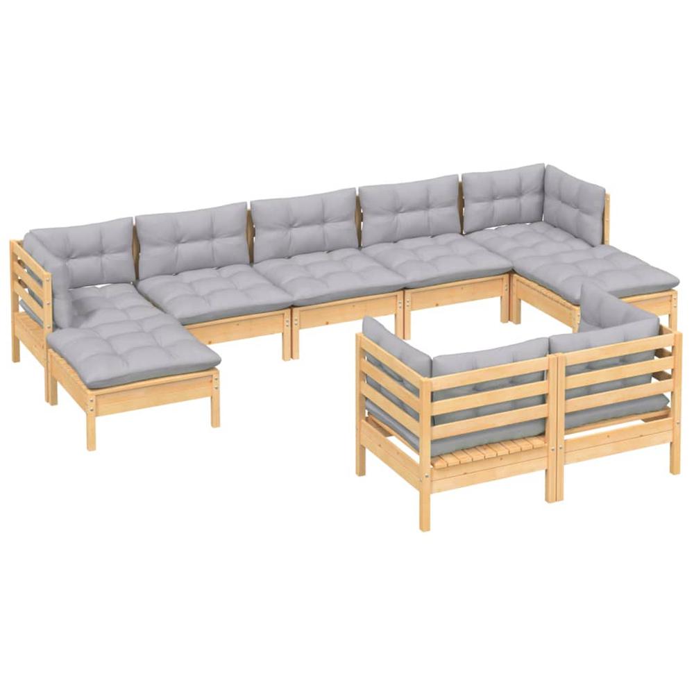 9 Piece Patio Lounge Set with Gray Cushions Solid Pinewood. Picture 2