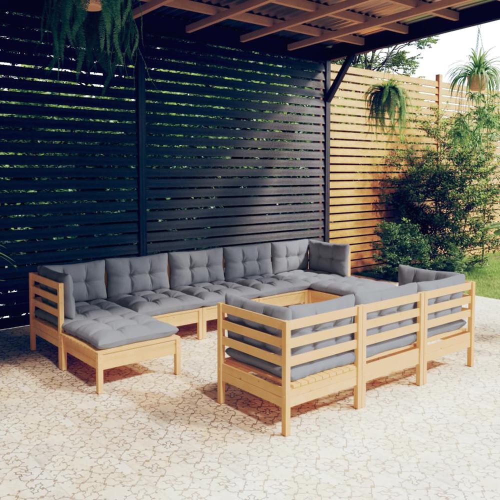10 Piece Patio Lounge Set with Gray Cushions Solid Pinewood. Picture 9