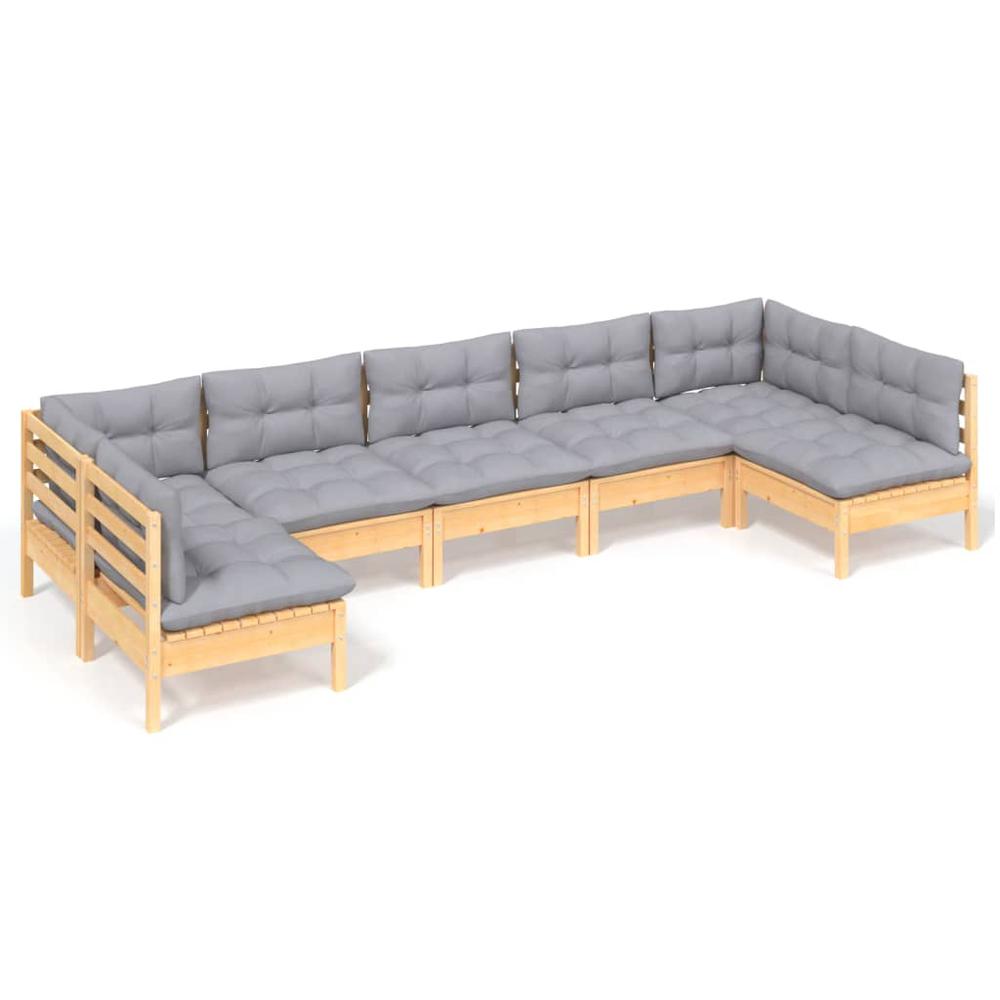 7 Piece Patio Lounge Set with Gray Cushions Solid Pinewood. Picture 1