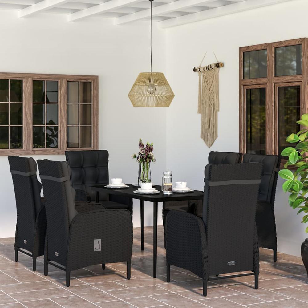 7 Piece Patio Dining Set with Cushions Black. Picture 8