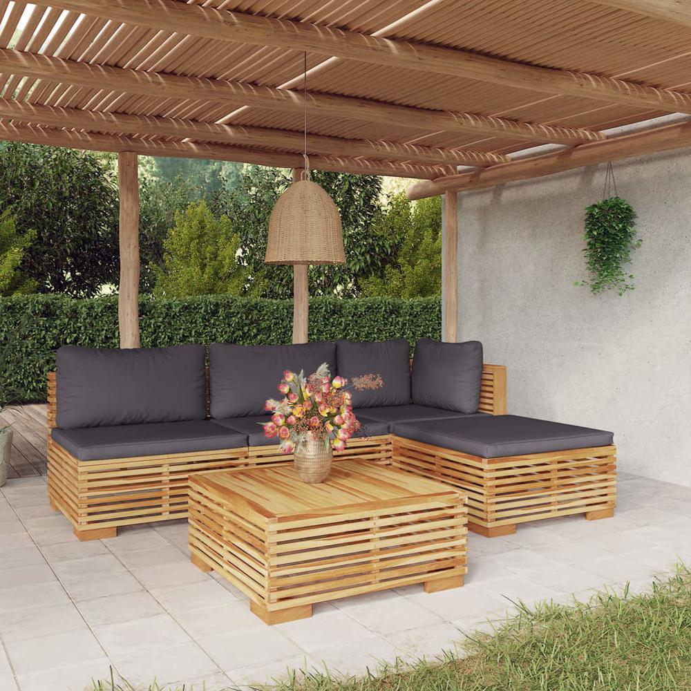 5 Piece Patio Lounge Set with Cushions Solid Wood Teak. Picture 11