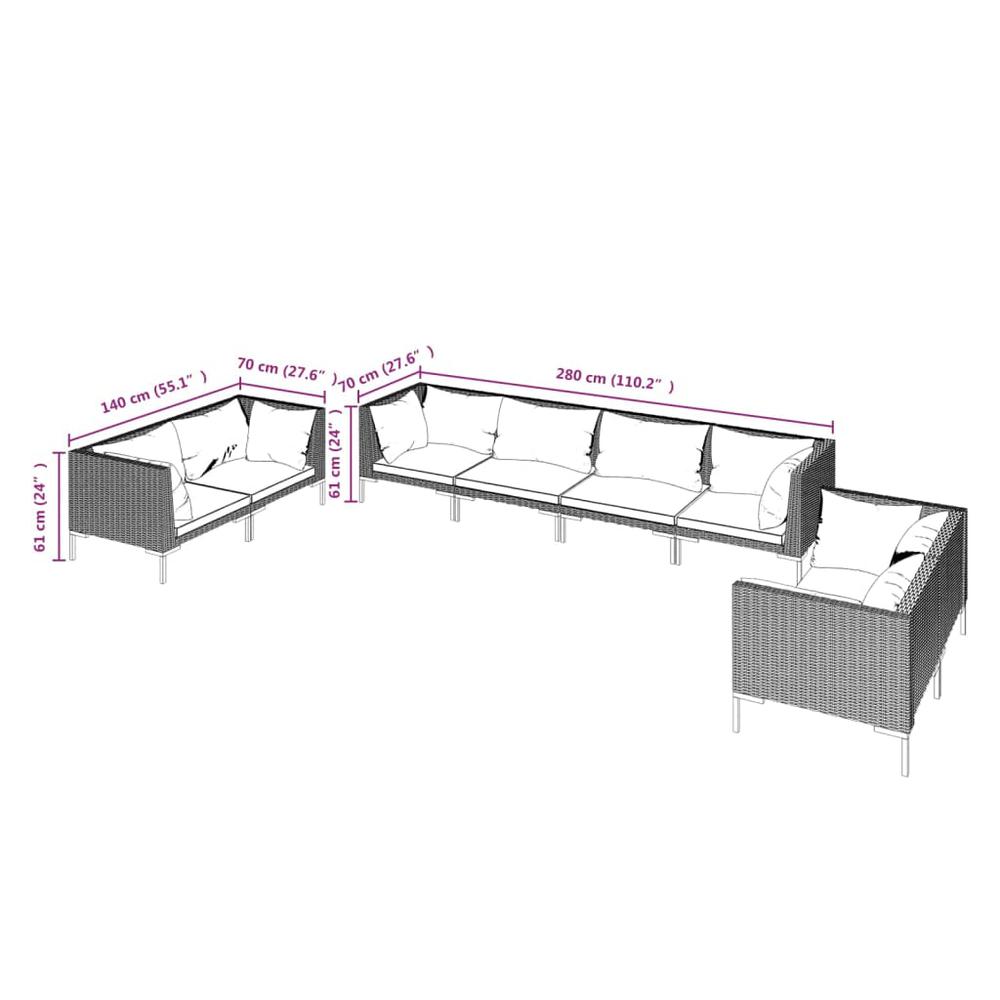 vidaXL 8 Piece Patio Lounge Set with Cushions Poly Rattan Dark Gray, 3099834. Picture 10