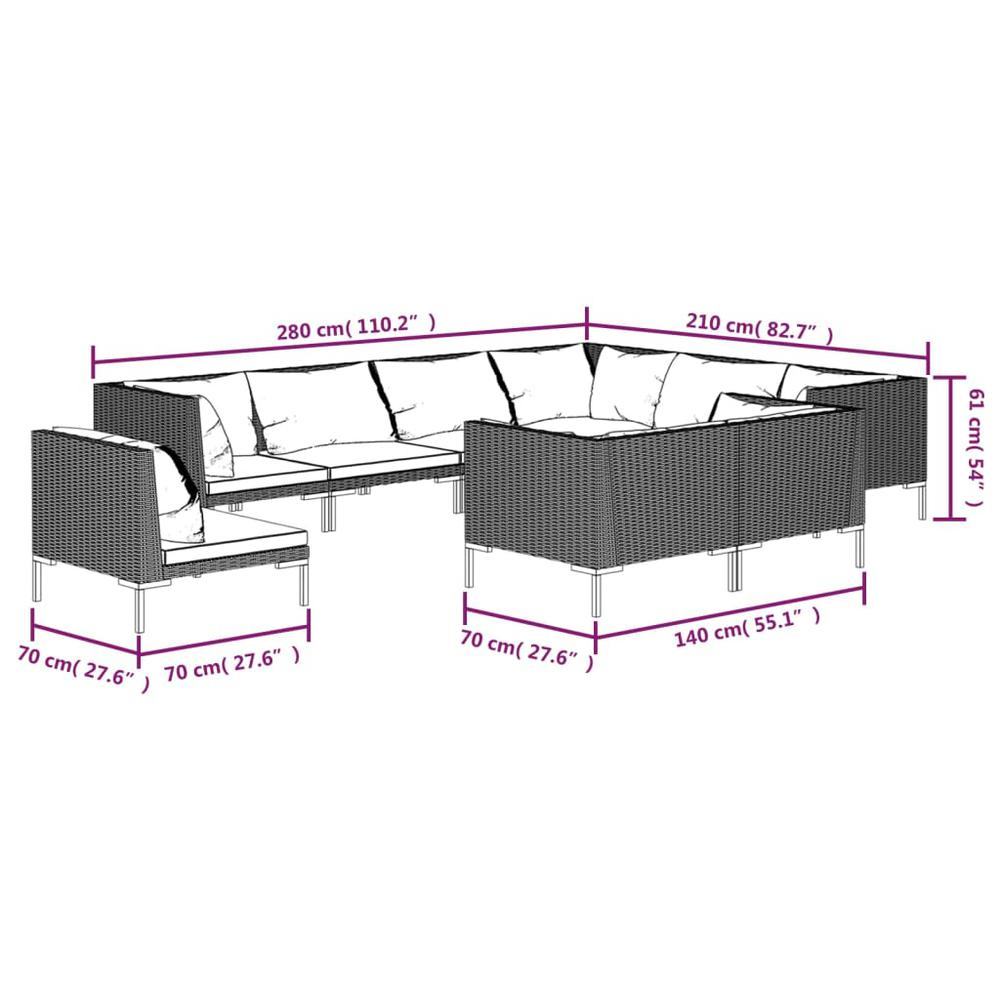 vidaXL 9 Piece Patio Lounge Set with Cushions Poly Rattan Dark Gray, 3099880. Picture 7