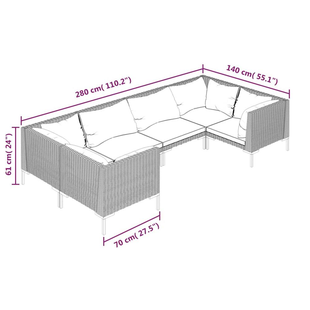 vidaXL 6 Piece Patio Lounge Set with Cushions Poly Rattan Dark Gray, 3099926. Picture 7