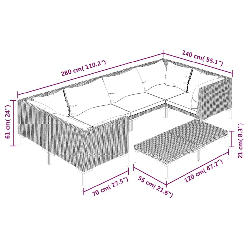 vidaXL 7 Piece Patio Lounge Set with Cushions Poly Rattan Dark Gray, 3099927. Picture 9