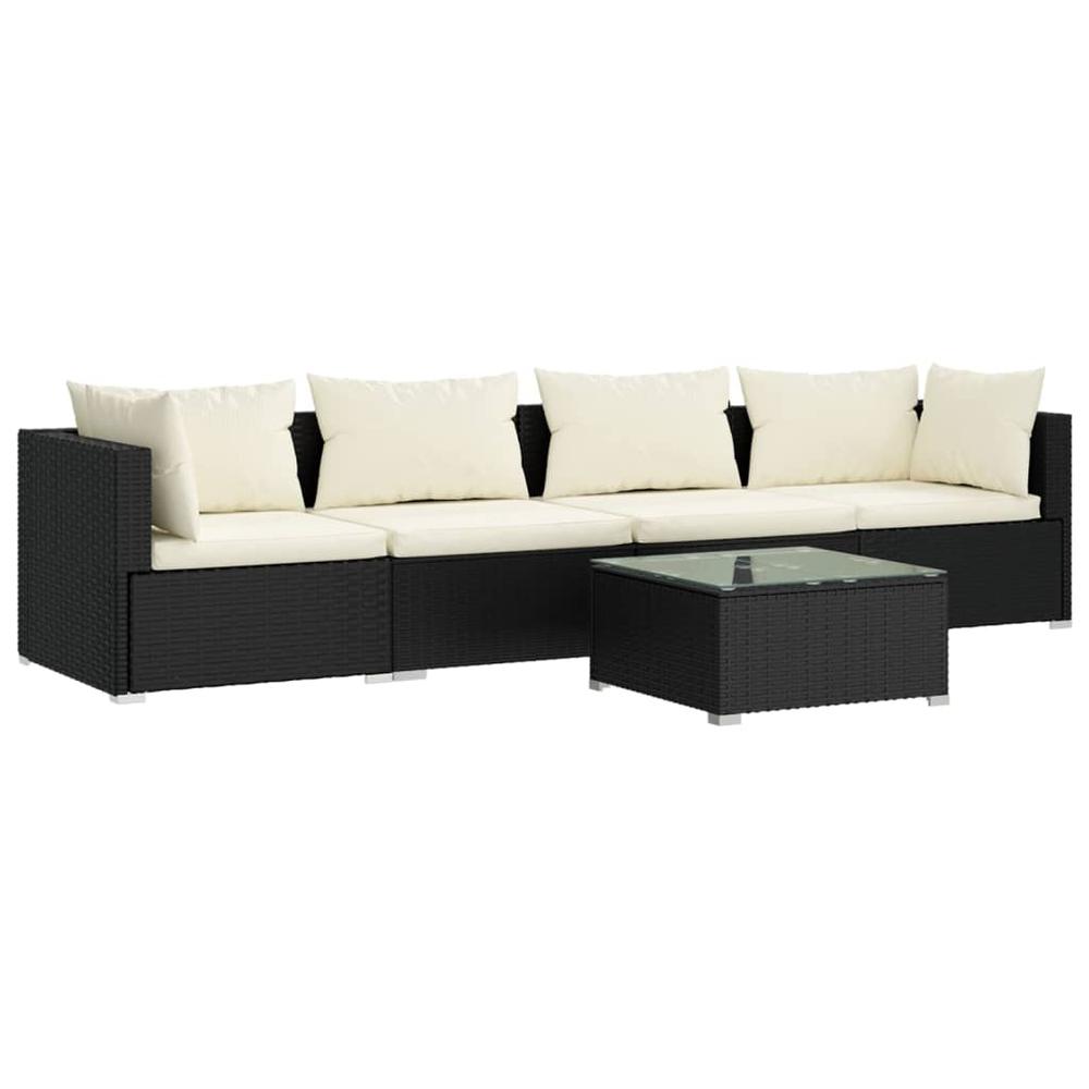 Patio Furniture Set 5 Piece with Cushions Poly Rattan Black. Picture 1