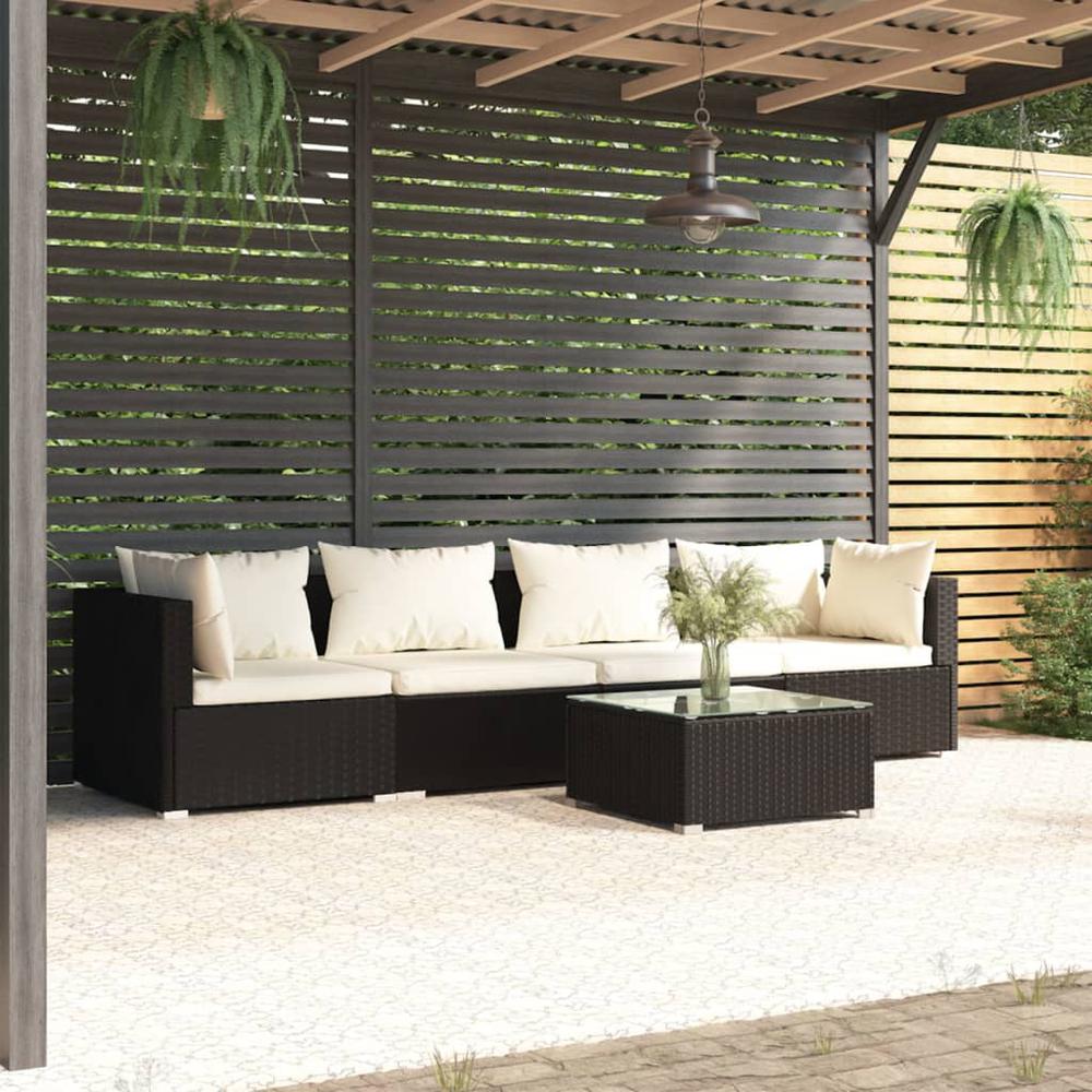 Patio Furniture Set 5 Piece with Cushions Poly Rattan Black. Picture 12