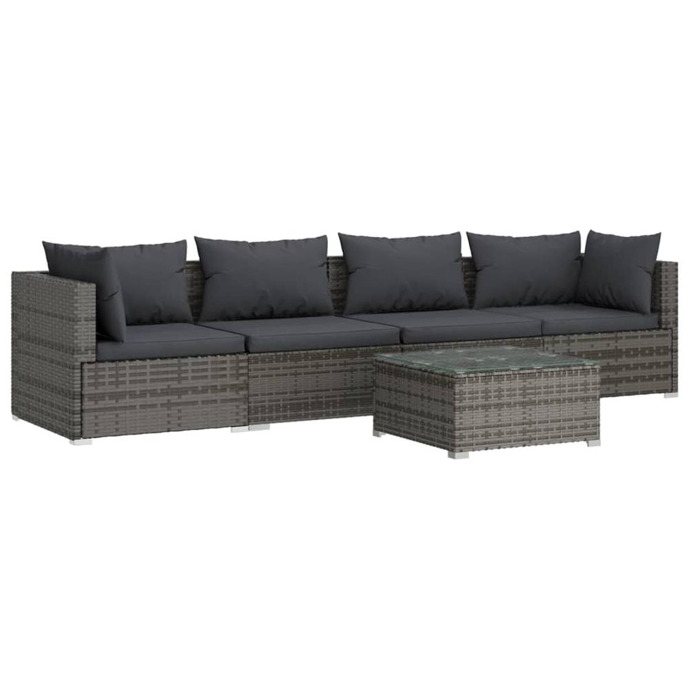 Patio Furniture Set 5 Piece with Cushions Poly Rattan Gray. Picture 1