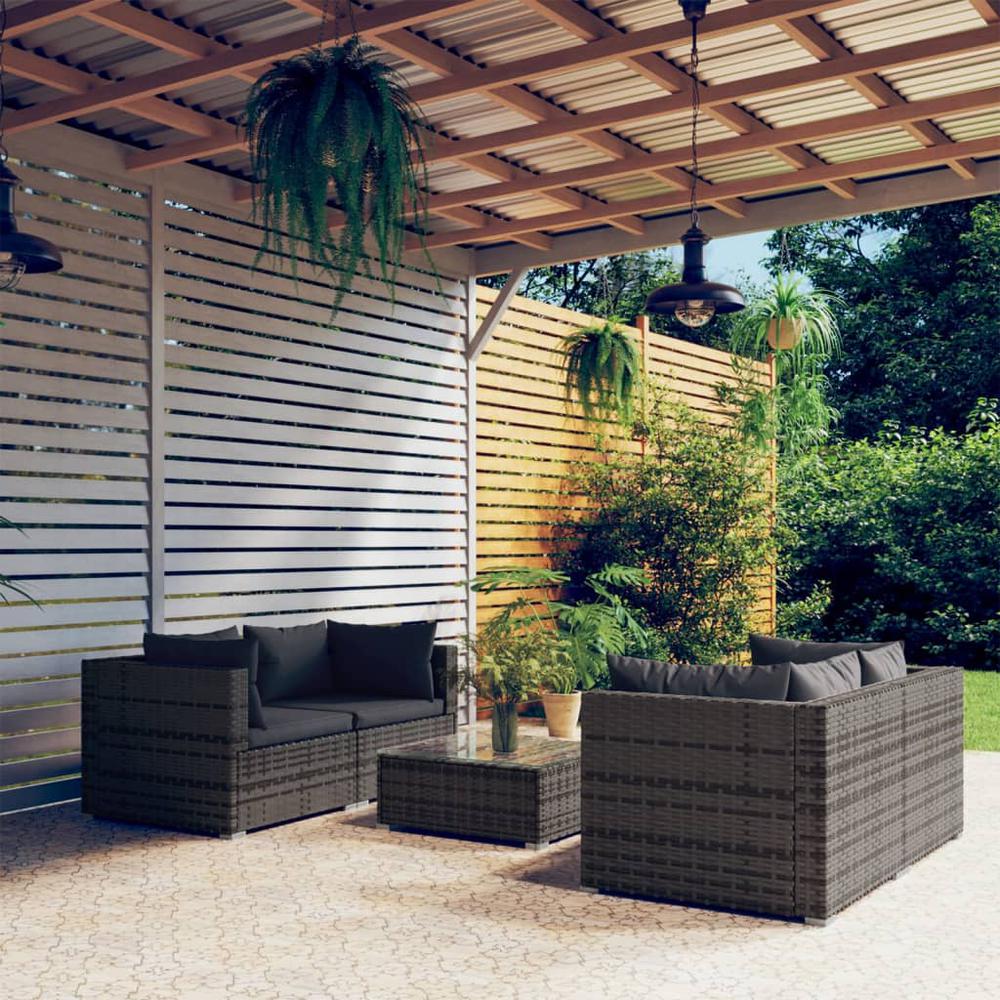 5 Piece Patio Lounge Set with Cushions Poly Rattan Gray. Picture 9