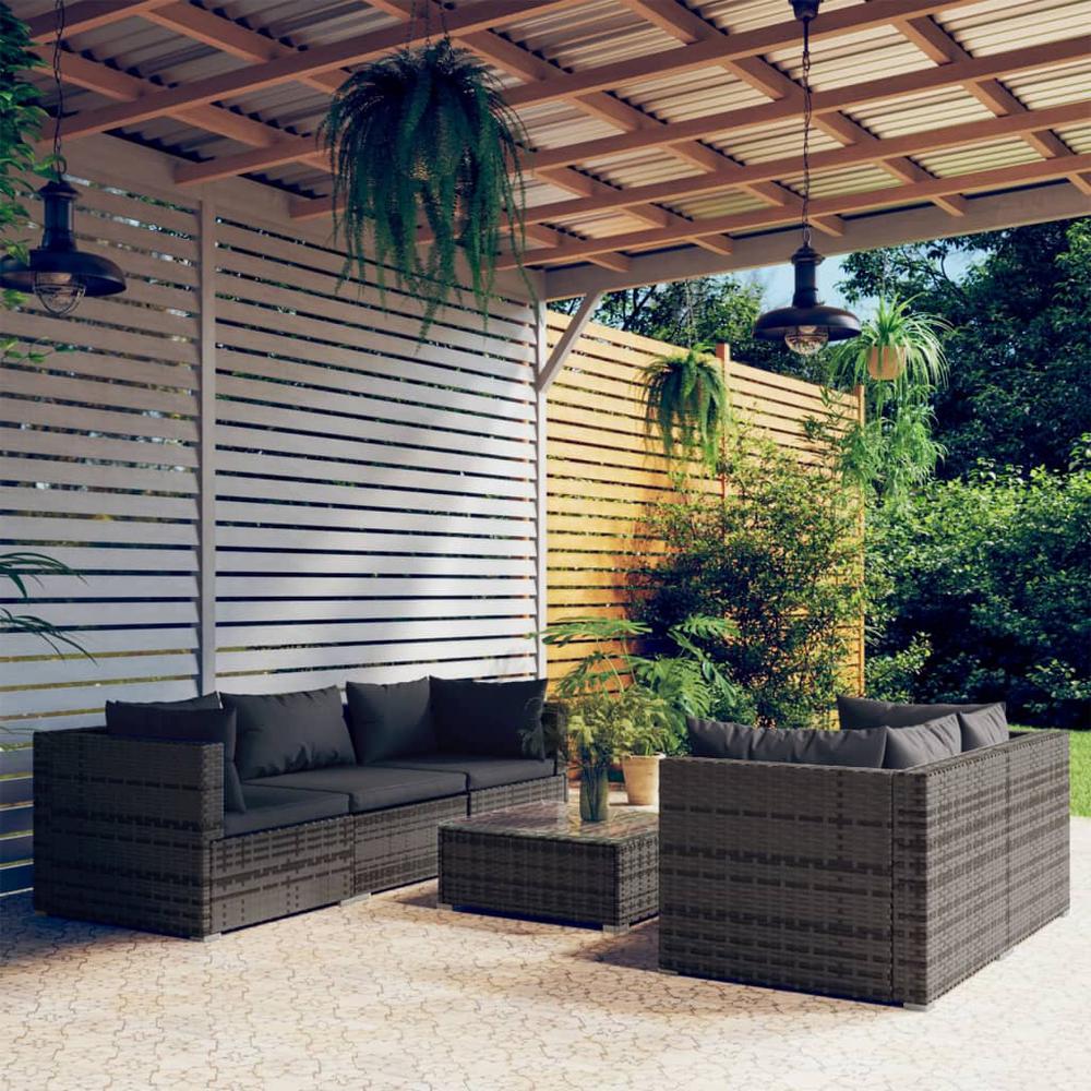 6 Piece Patio Lounge Set with Cushions Poly Rattan Gray. Picture 12