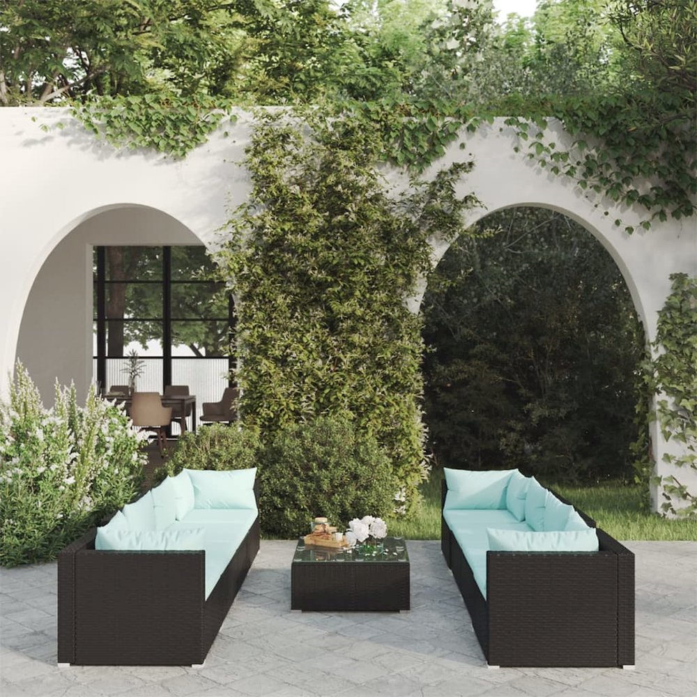 vidaXL 9 Piece Patio Lounge Set with Cushions Poly Rattan Black, 3101513. Picture 1