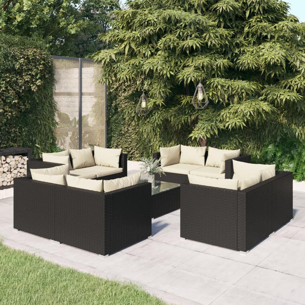 9 Piece Patio Lounge Set with Cushions Poly Rattan Black. Picture 9