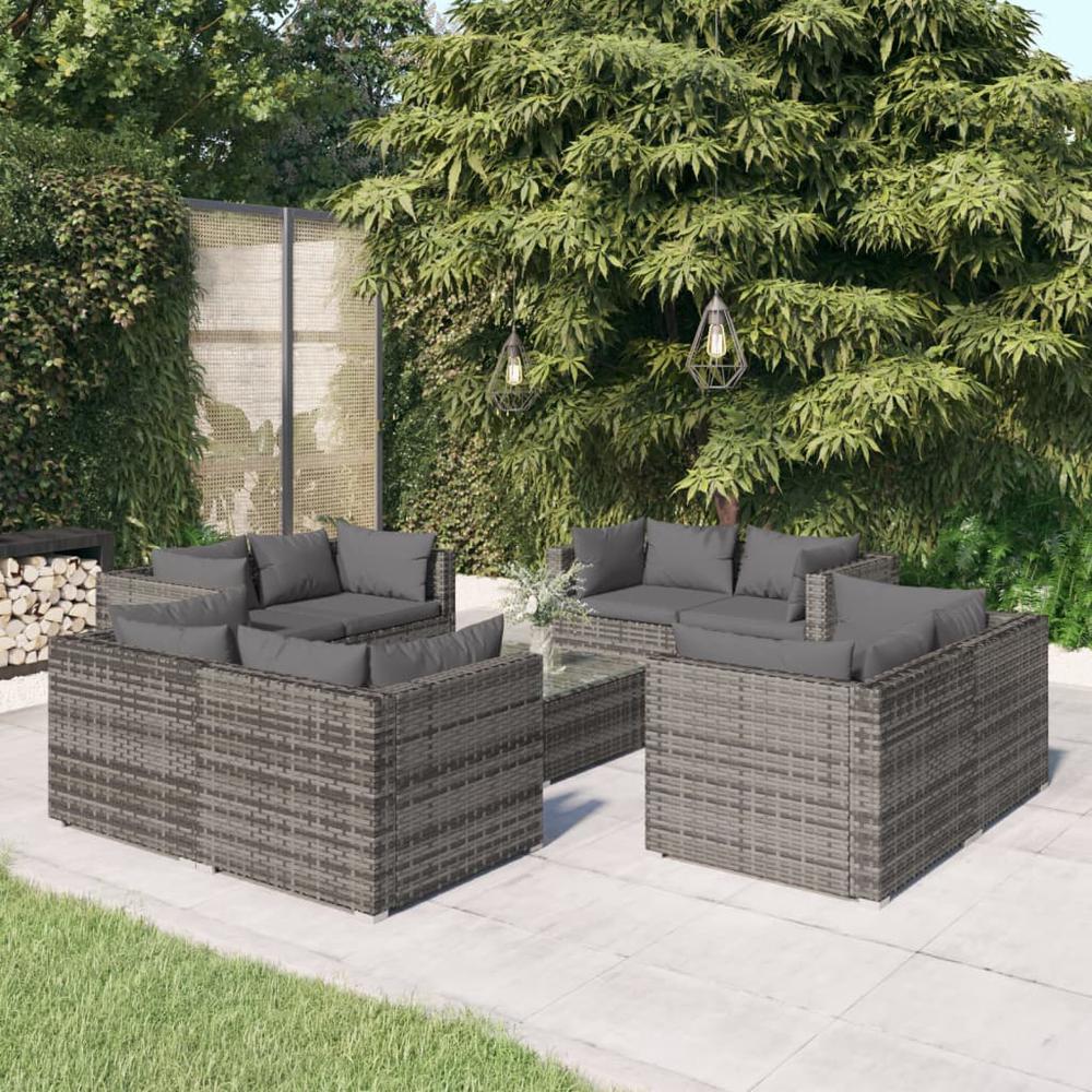 9 Piece Patio Lounge Set with Cushions Poly Rattan Gray. Picture 9