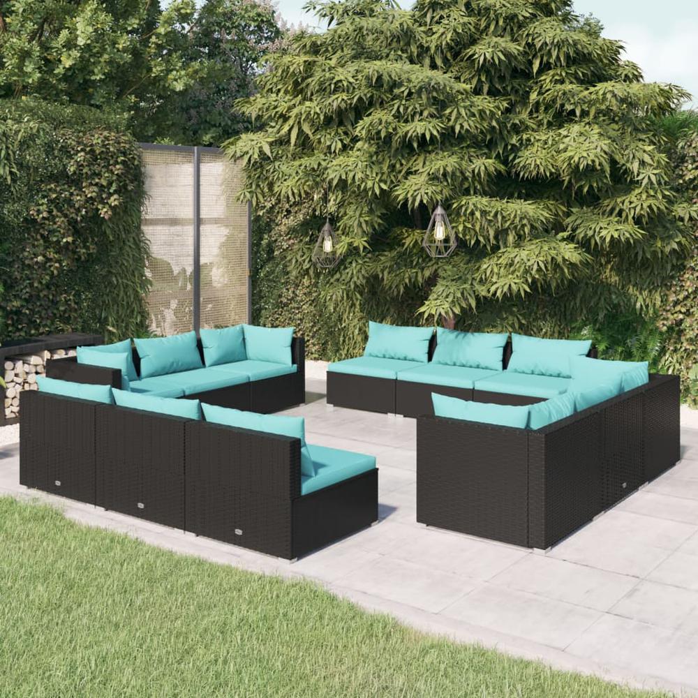 12 Piece Patio Lounge Set with Cushions Poly Rattan Black. Picture 9