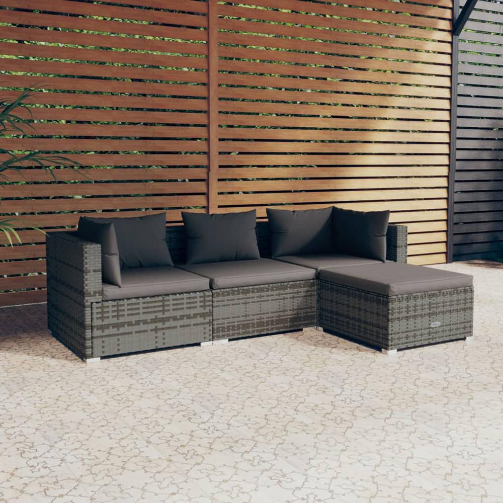 4 Piece Patio Lounge Set with Cushions Poly Rattan Gray. Picture 9