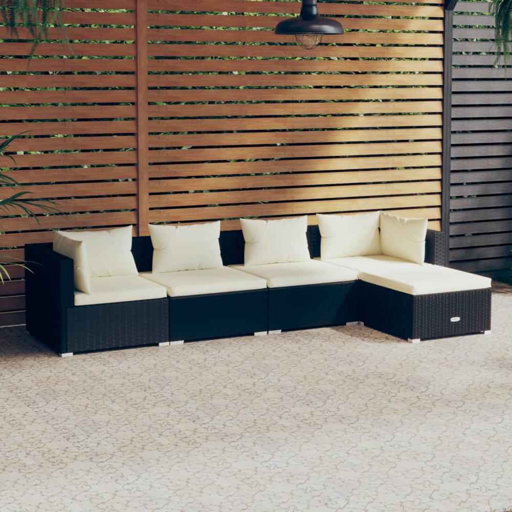 5 Piece Patio Lounge Set with Cushions Poly Rattan Black. Picture 9