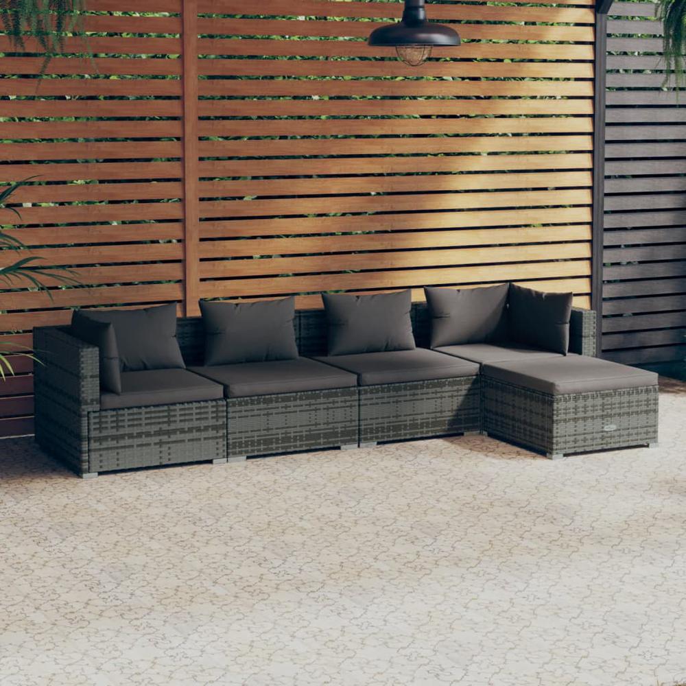5 Piece Patio Lounge Set with Cushions Poly Rattan Gray. Picture 9