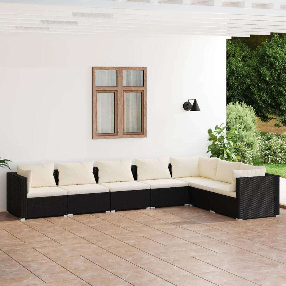 7 Piece Patio Lounge Set with Cushions Poly Rattan Black. Picture 7