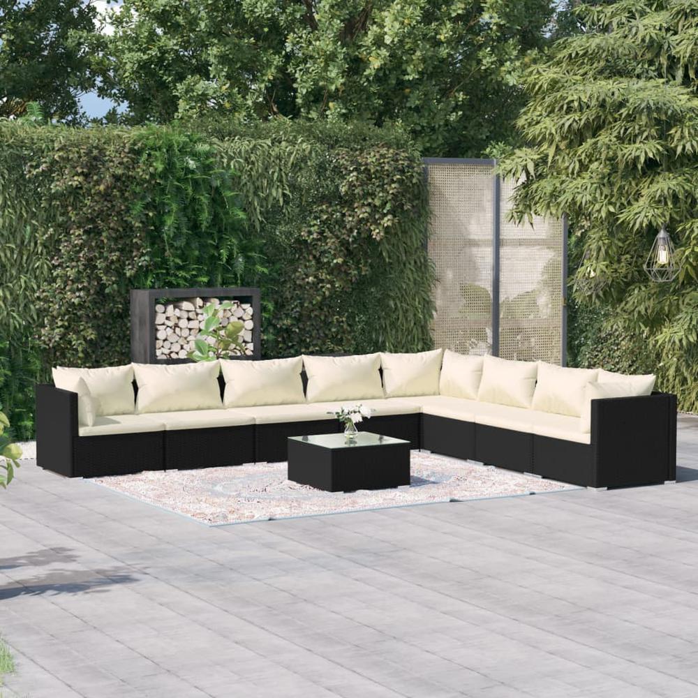 9 Piece Patio Lounge Set with Cushions Poly Rattan Black. Picture 9