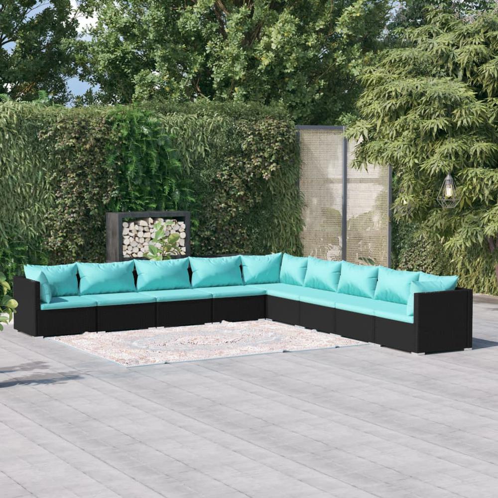 9 Piece Patio Lounge Set with Cushions Poly Rattan Black. Picture 7