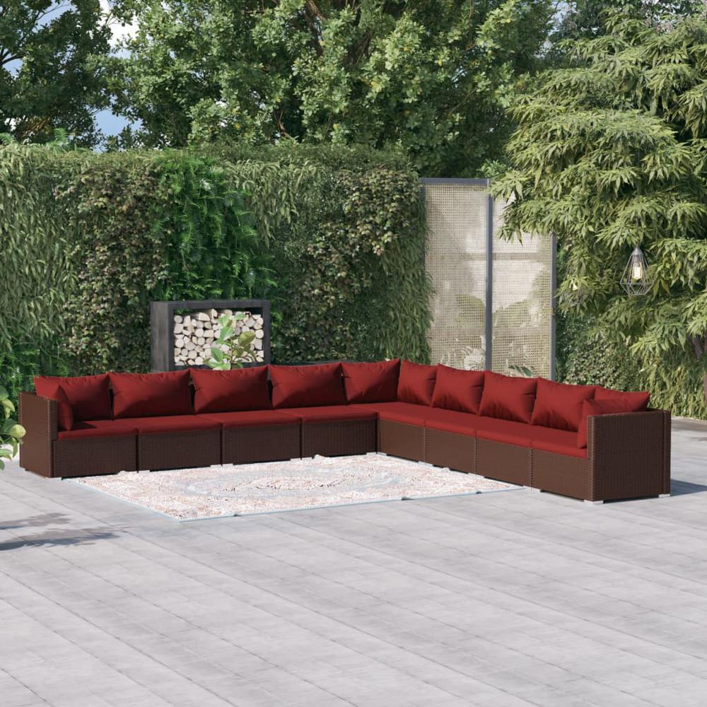 9 Piece Patio Lounge Set with Cushions Poly Rattan Brown. Picture 7