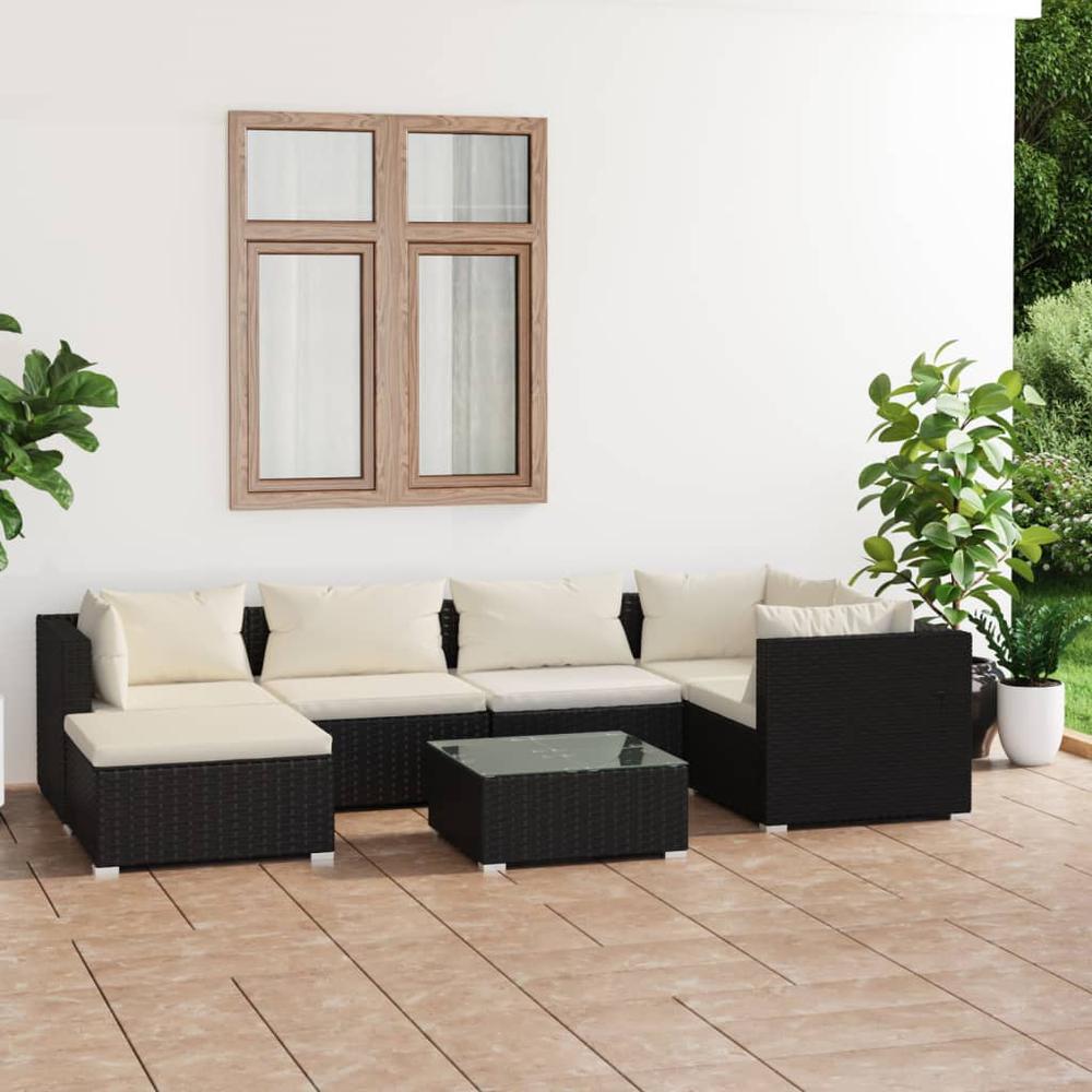 7 Piece Patio Lounge Set with Cushions Poly Rattan Black. Picture 12
