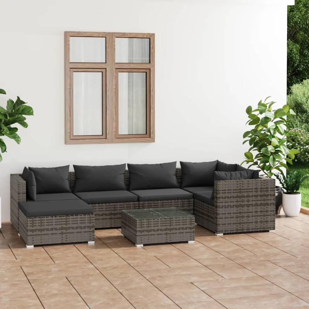 7 Piece Patio Lounge Set with Cushions Poly Rattan Gray. Picture 12