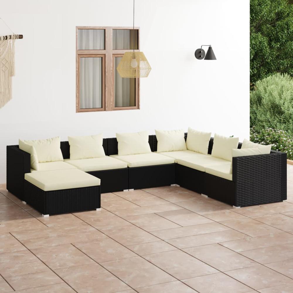 7 Piece Patio Lounge Set with Cushions Poly Rattan Black. Picture 12