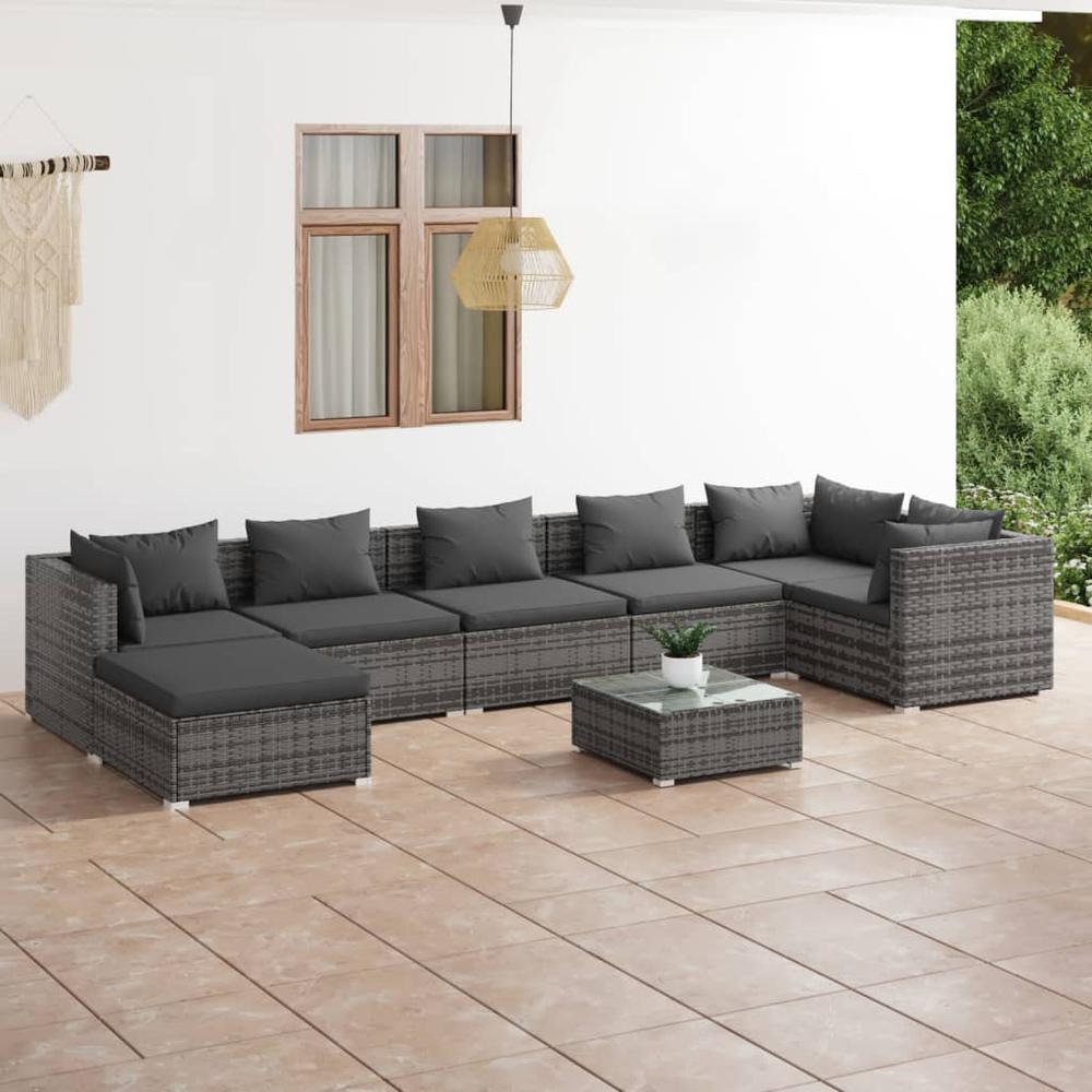 8 Piece Patio Lounge Set with Cushions Poly Rattan Gray. Picture 12