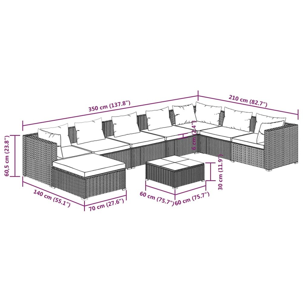 vidaXL 9 Piece Patio Lounge Set with Cushions Poly Rattan Black, 3101865. Picture 11