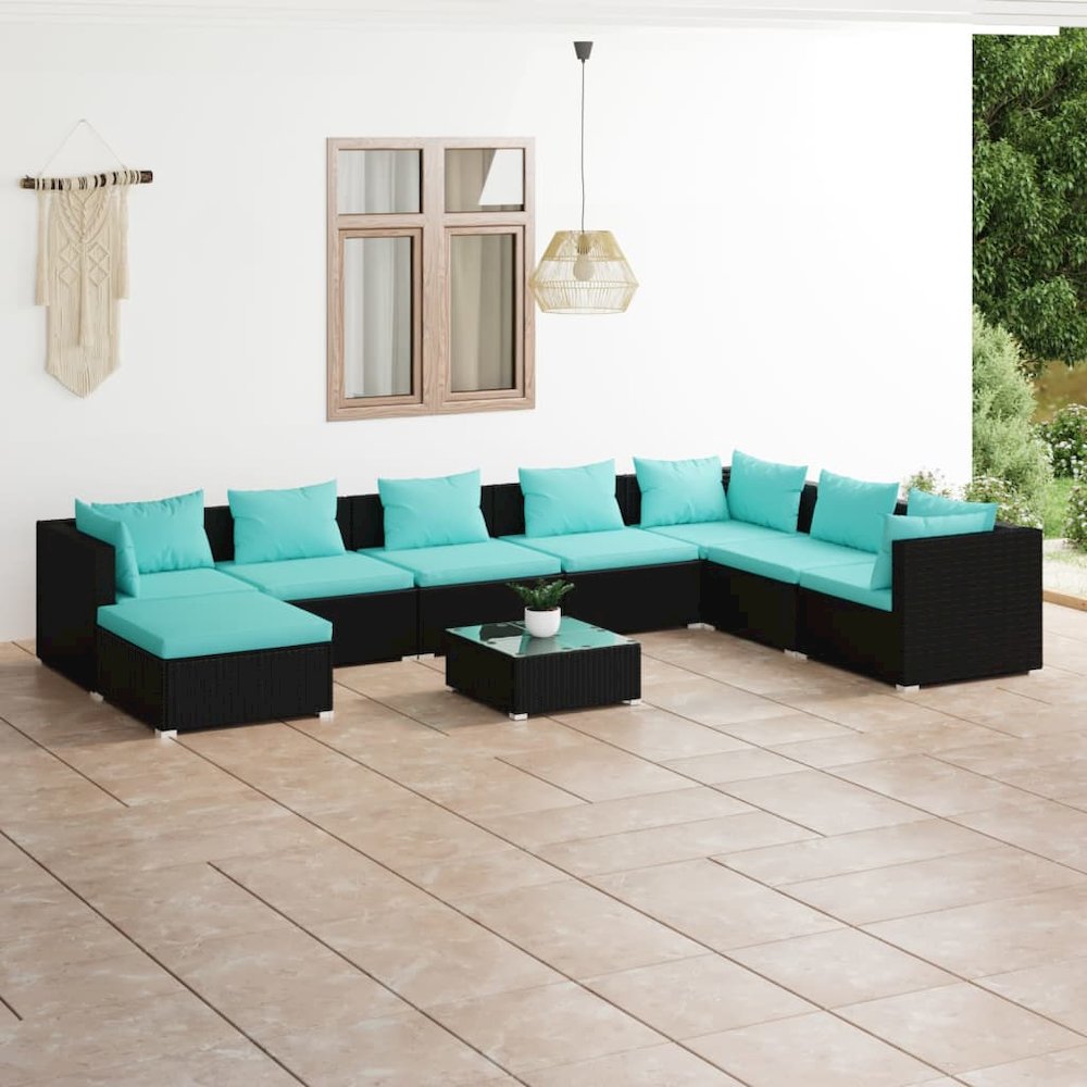 vidaXL 9 Piece Patio Lounge Set with Cushions Poly Rattan Black, 3101865. Picture 1