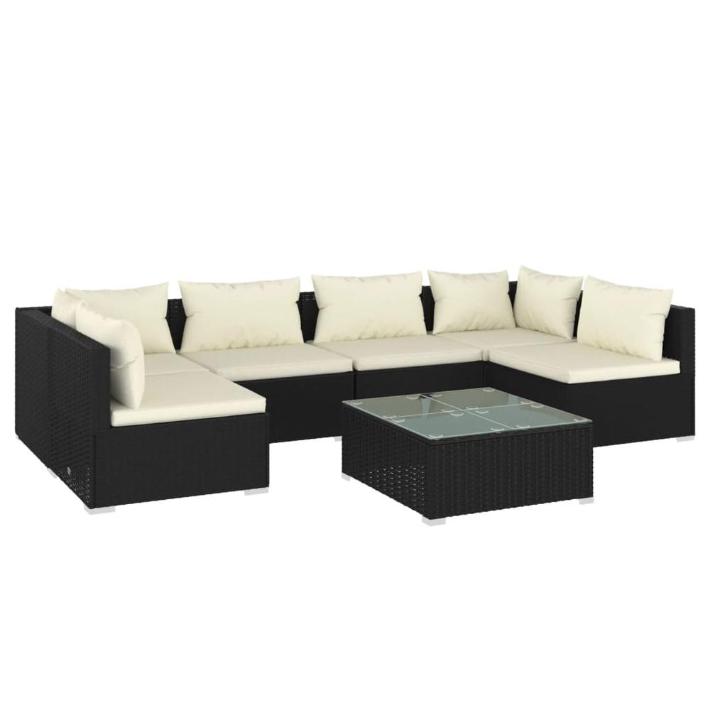 7 Piece Patio Lounge Set with Cushions Poly Rattan Black. Picture 1