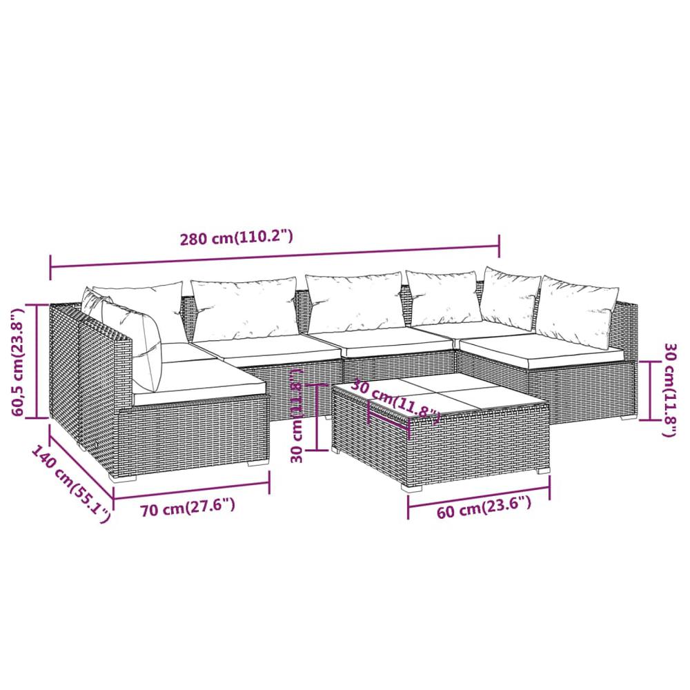 vidaXL 7 Piece Patio Lounge Set with Cushions Poly Rattan Brown, 3101883. Picture 9