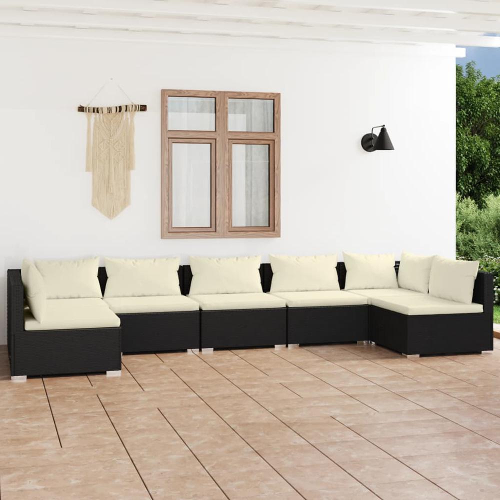 7 Piece Patio Lounge Set with Cushions Poly Rattan Black. Picture 9