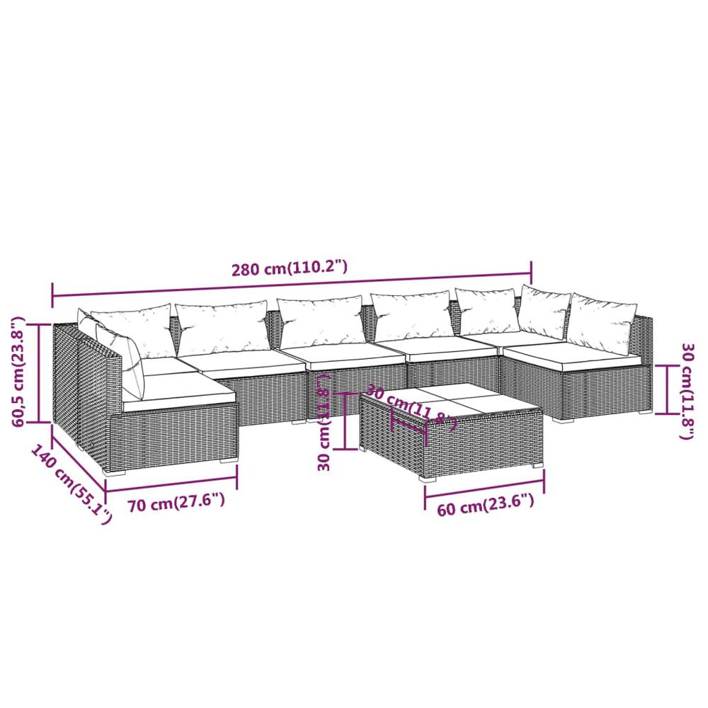 vidaXL 8 Piece Patio Lounge Set with Cushions Poly Rattan Black, 3101897. Picture 9