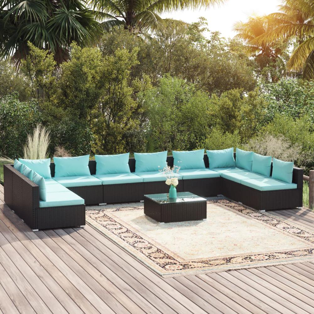 11 Piece Patio Lounge Set with Cushions Poly Rattan Black. Picture 12