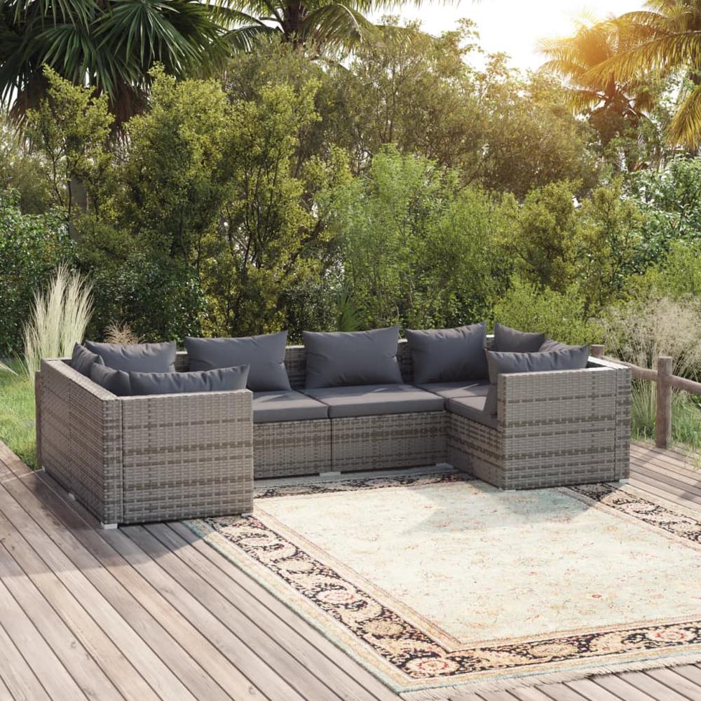 6 Piece Patio Lounge Set with Cushions Poly Rattan Gray. Picture 9
