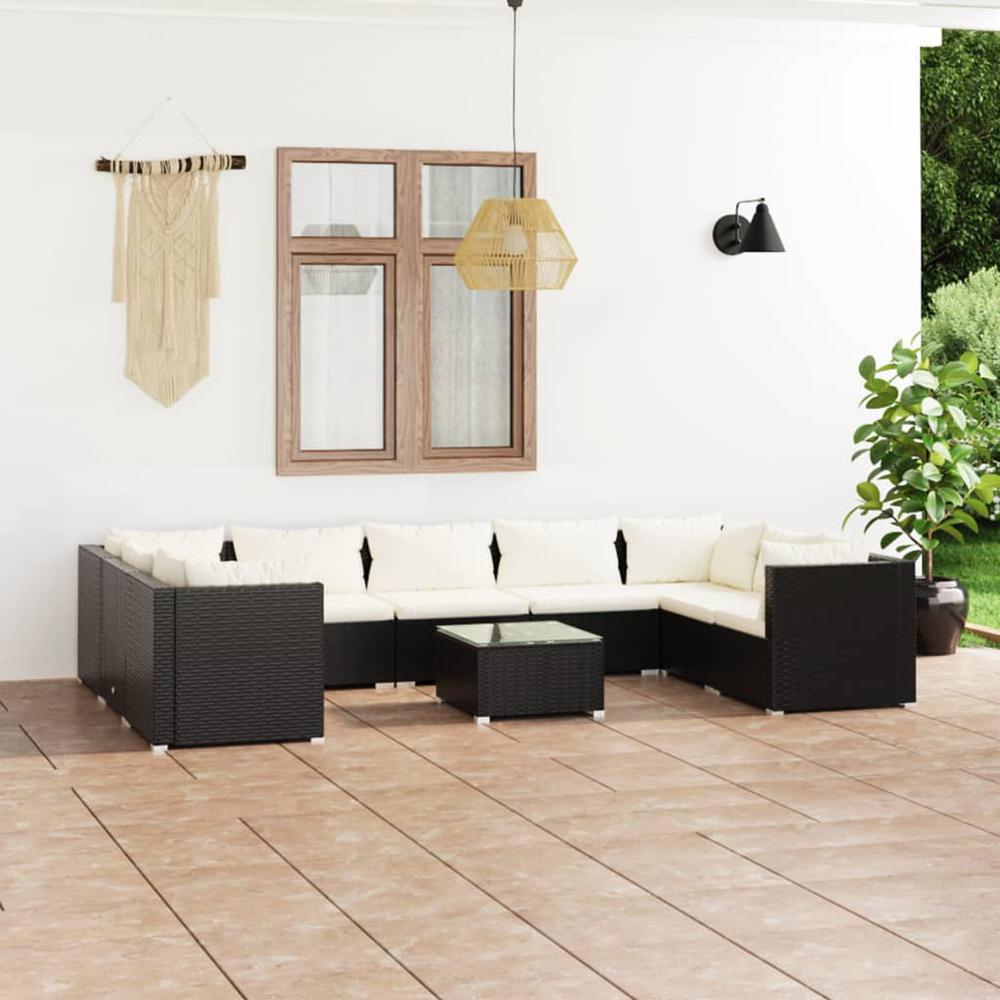 10 Piece Patio Lounge Set with Cushions Poly Rattan Black. Picture 12