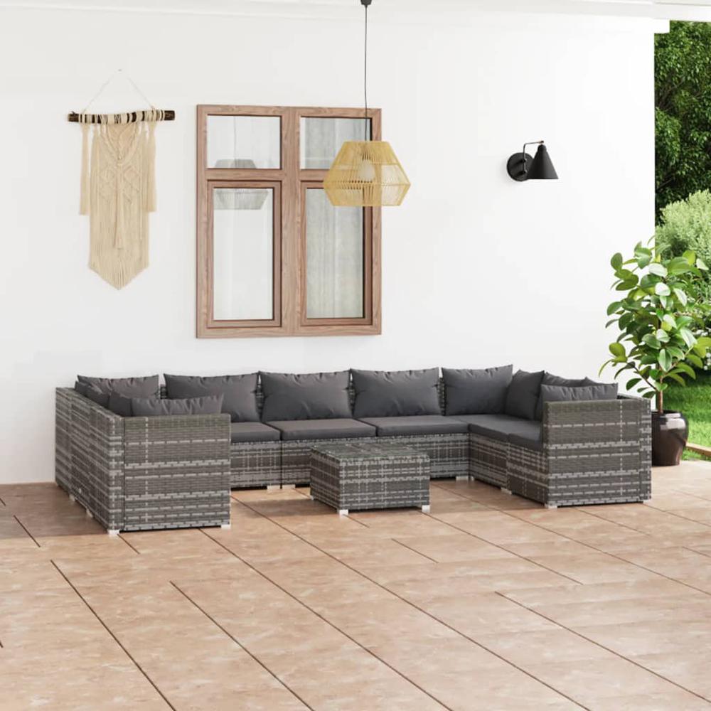 10 Piece Patio Lounge Set with Cushions Poly Rattan Gray. Picture 12