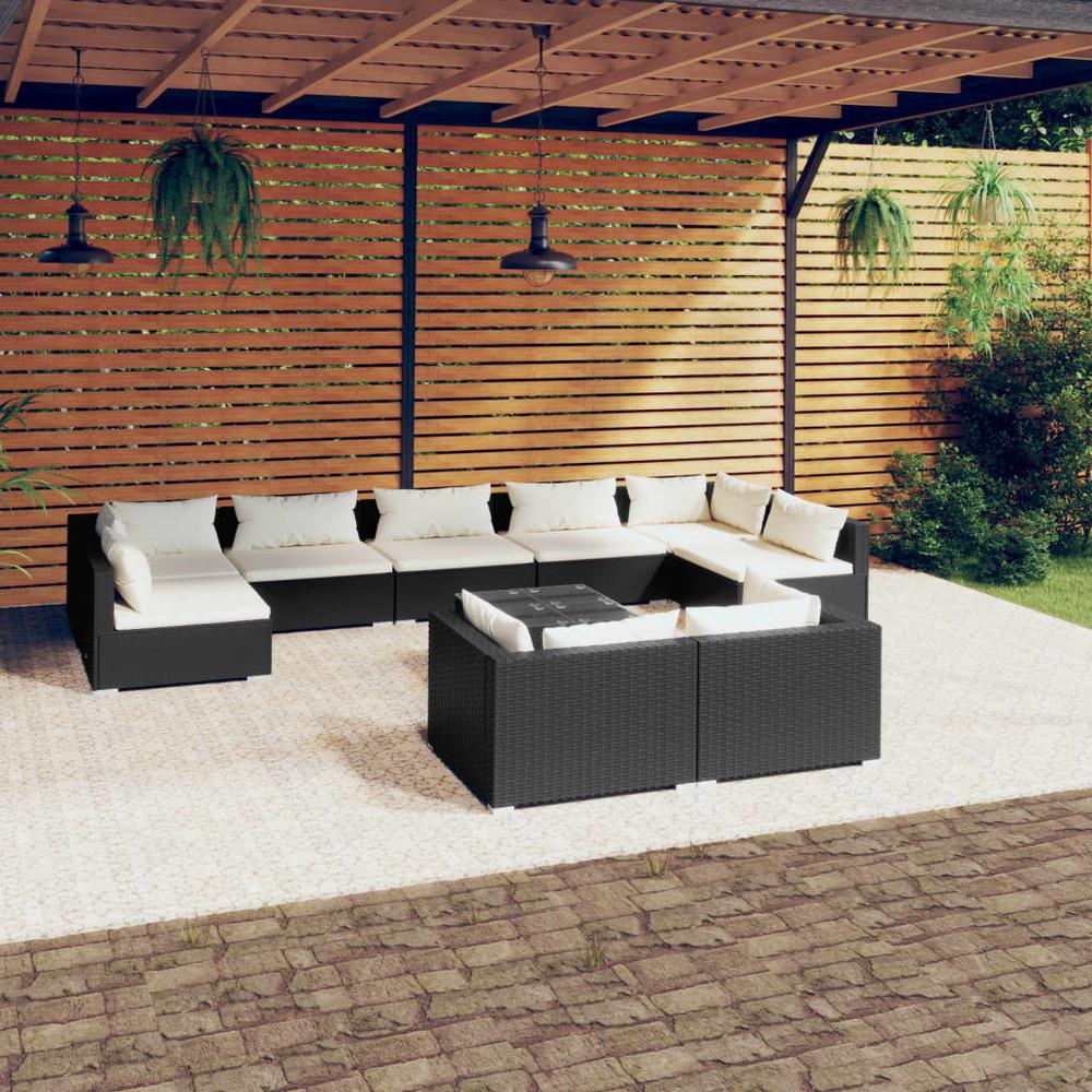 10 Piece Patio Lounge Set with Cushions Black Poly Rattan. Picture 12