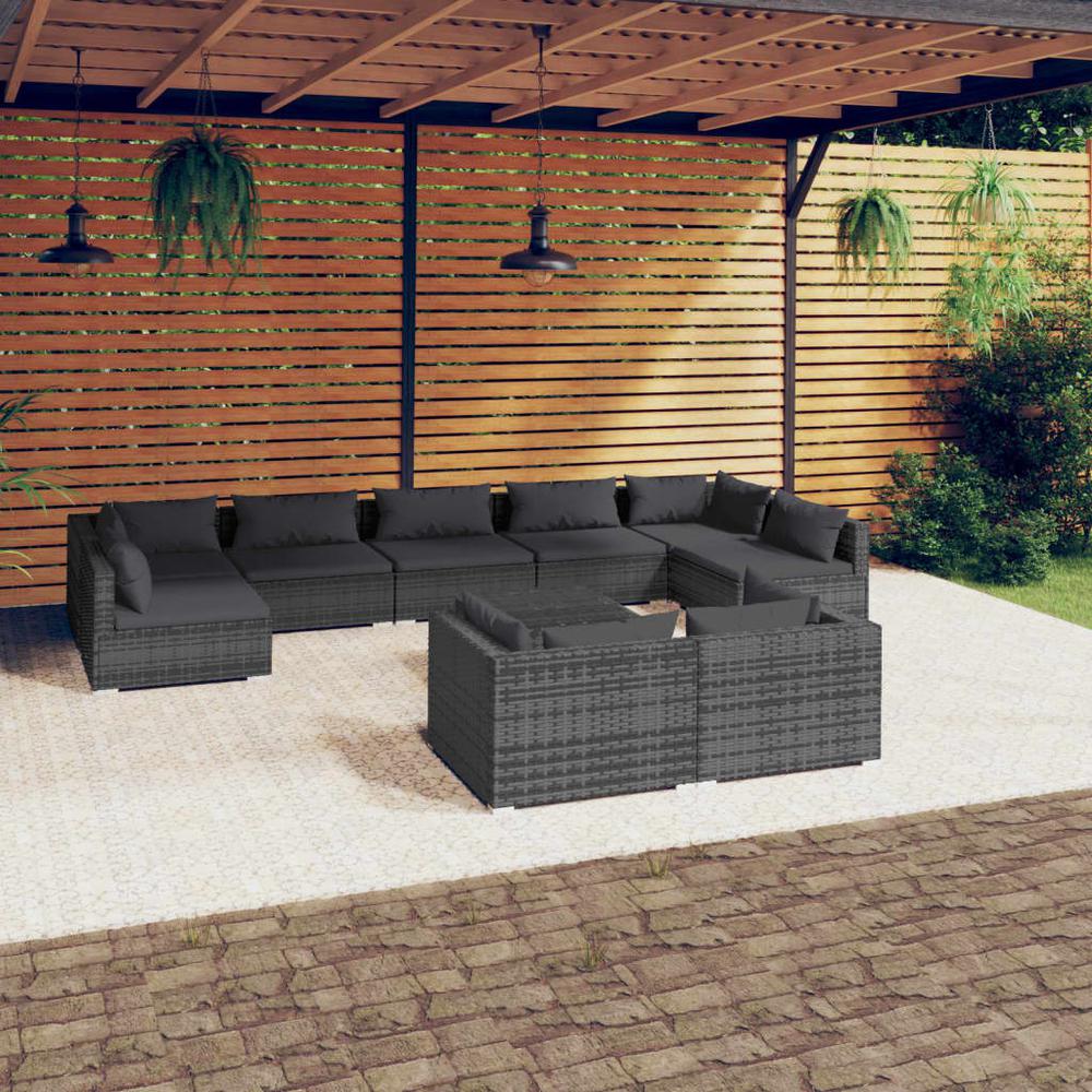 10 Piece Patio Lounge Set with Cushions Gray Poly Rattan. Picture 12
