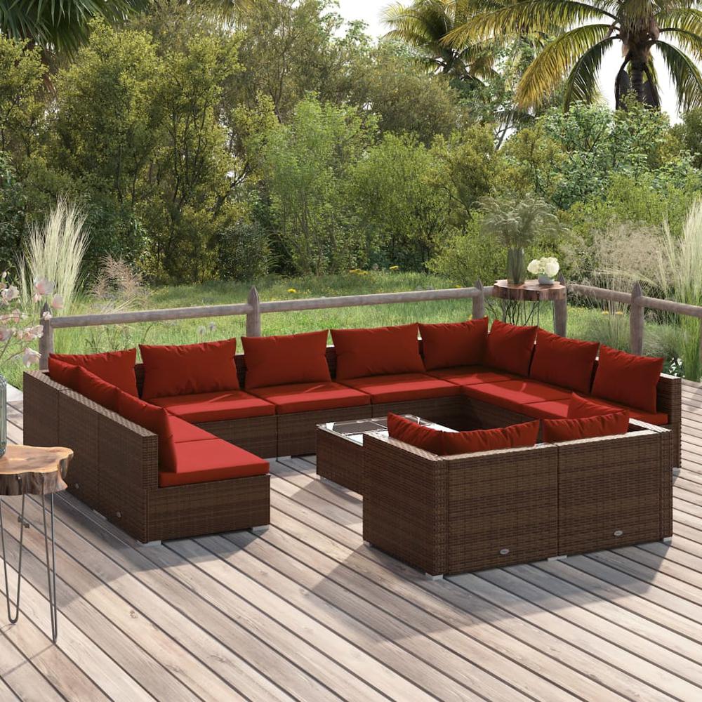 12 Piece Patio Lounge Set with Cushions Brown Poly Rattan. Picture 12