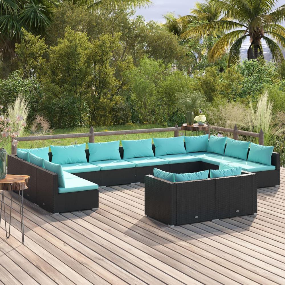 12 Piece Patio Lounge Set with Cushions Black Poly Rattan. Picture 9