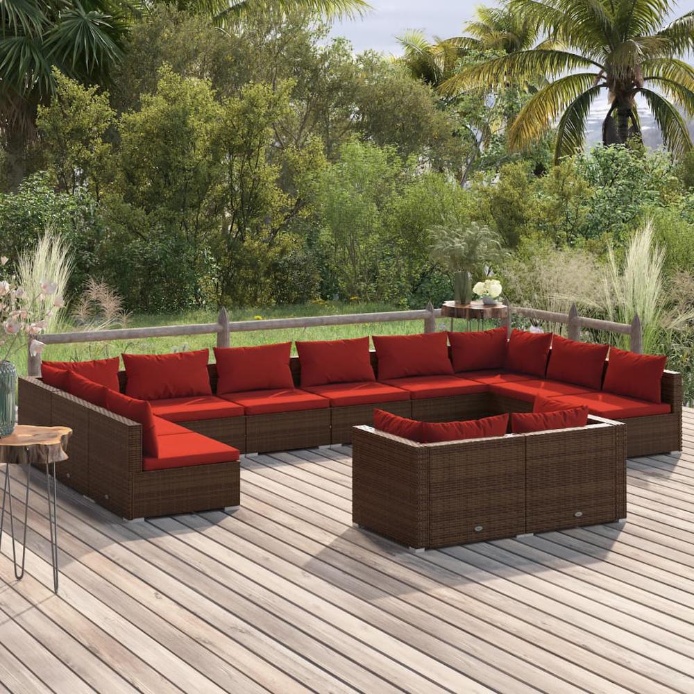 12 Piece Patio Lounge Set with Cushions Brown Poly Rattan. Picture 9