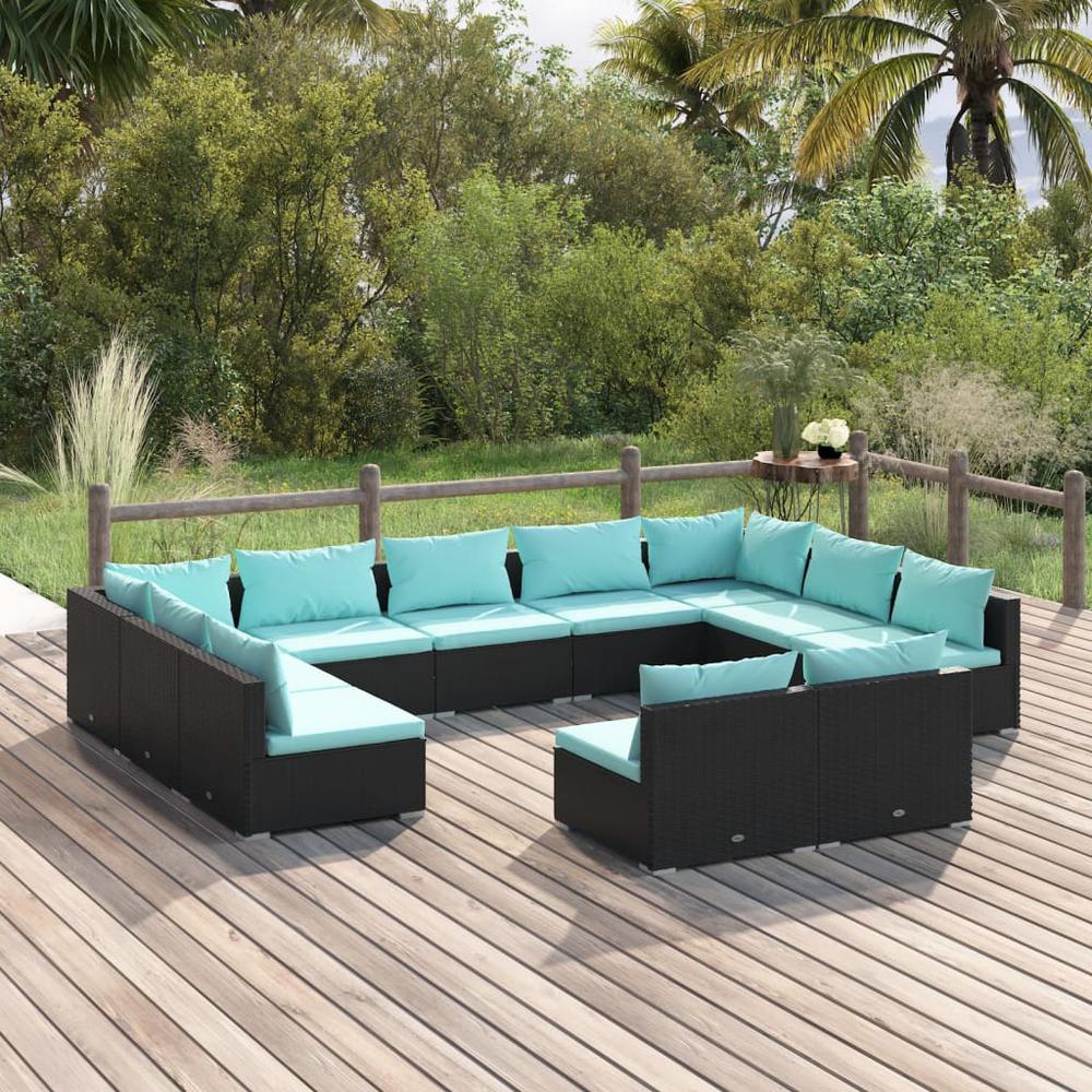 11 Piece Patio Lounge Set with Cushions Black Poly Rattan. Picture 9