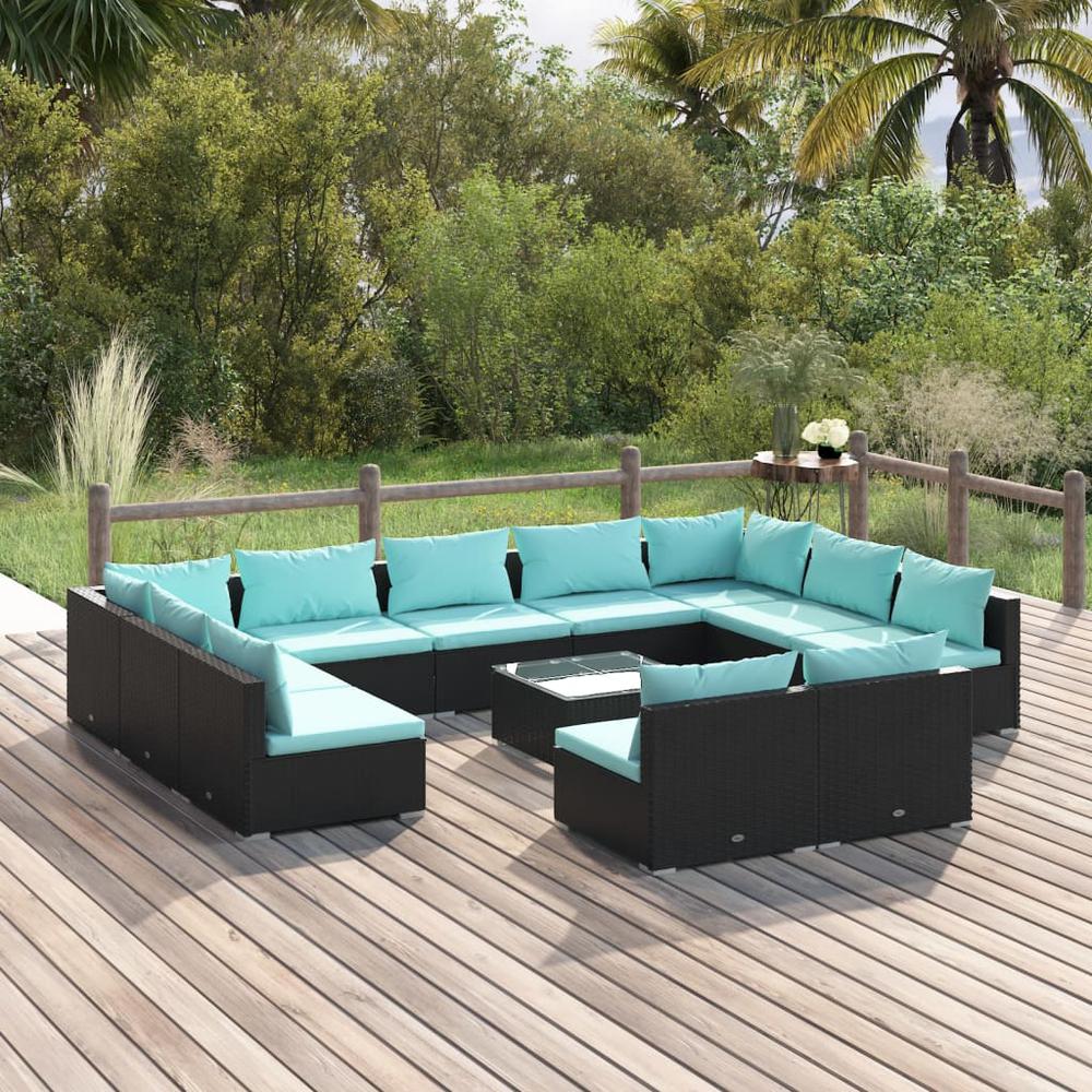 12 Piece Patio Lounge Set with Cushions Black Poly Rattan. Picture 12