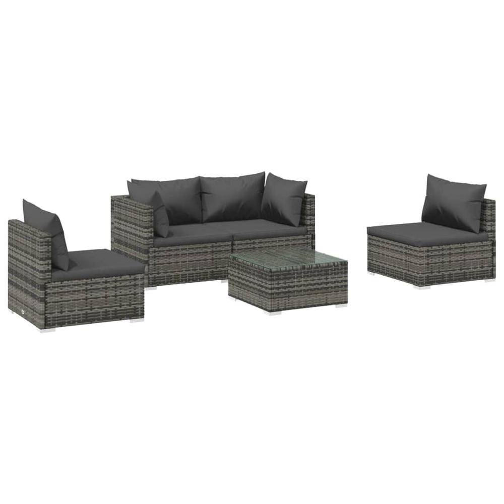 5 Piece Patio Lounge Set with Cushions Poly Rattan Gray. Picture 1