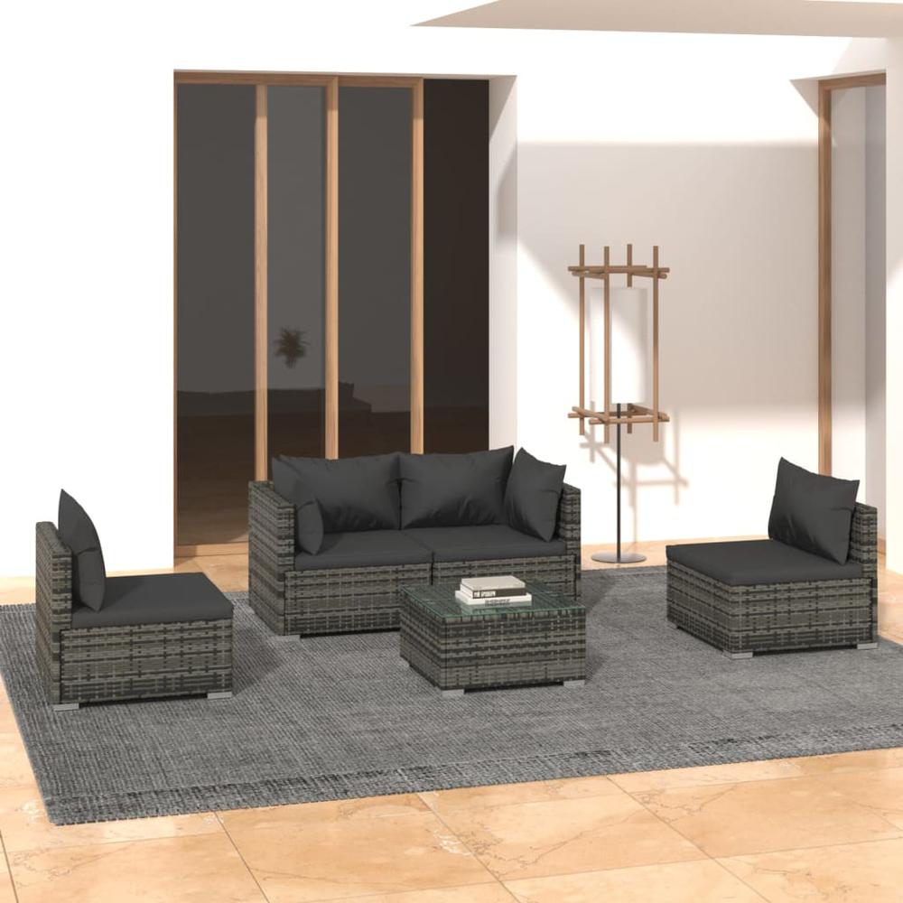 5 Piece Patio Lounge Set with Cushions Poly Rattan Gray. Picture 12